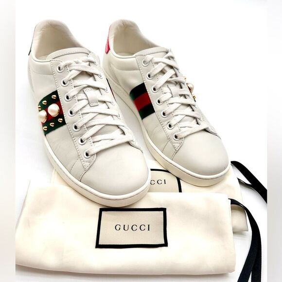 Gucci Ace Trainers Pearl Studded Web White Leather Low Top Sneakers EU 38 US 8 - Picture 2 of 13